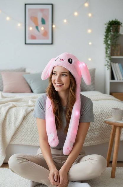 PixyMart Bunny Kids LED Hair Cap | Cute Plush Rabbit Jumping Ear Hat with Glowing Lights for Kids & Adults