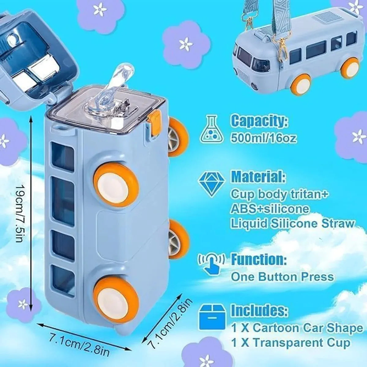 PixyMart Bus-Shaped Insulated Water Bottle for Kids with Strap, Sipper & Straw
