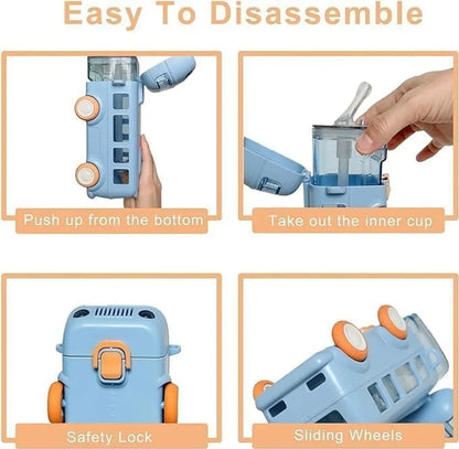 PixyMart Bus-Shaped Insulated Water Bottle for Kids with Strap, Sipper & Straw