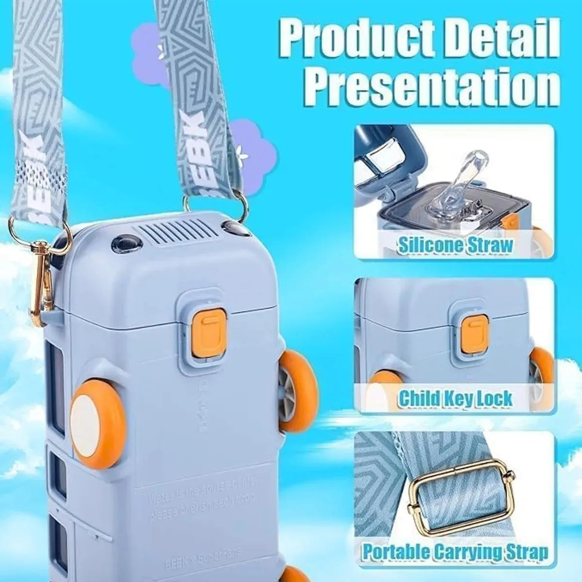 PixyMart Bus-Shaped Insulated Water Bottle for Kids with Strap, Sipper & Straw